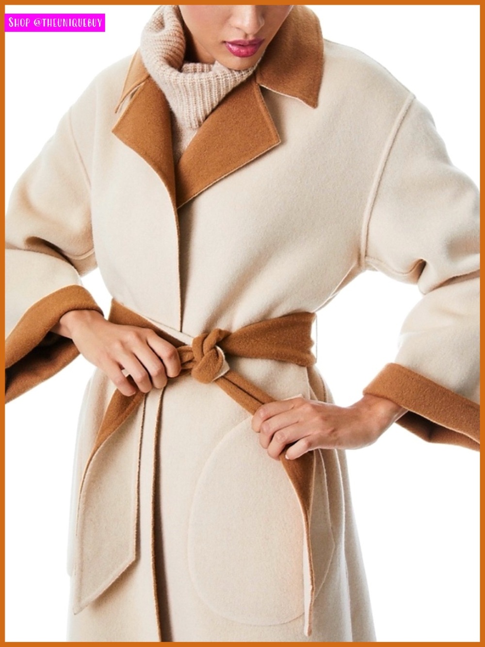 Alice + Olivia Tomiko Almond Camel Brown Belted Reversible Cashmere & Wool Coat
